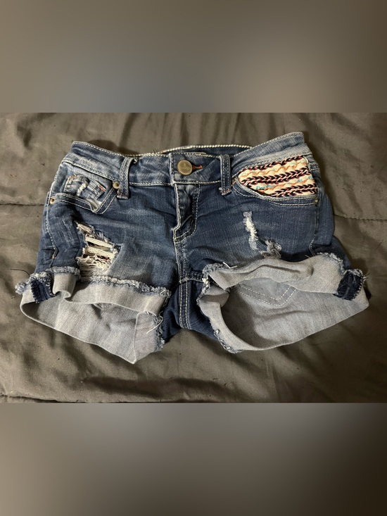 Soundgirl Pants - Soundgirl Distressed Blue Denim Shorts with Embroidered Pocket